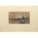 Hercules Brabazon Brabazon, Windmill in landscape, chalk and pencil drawing, 10 x 16cm