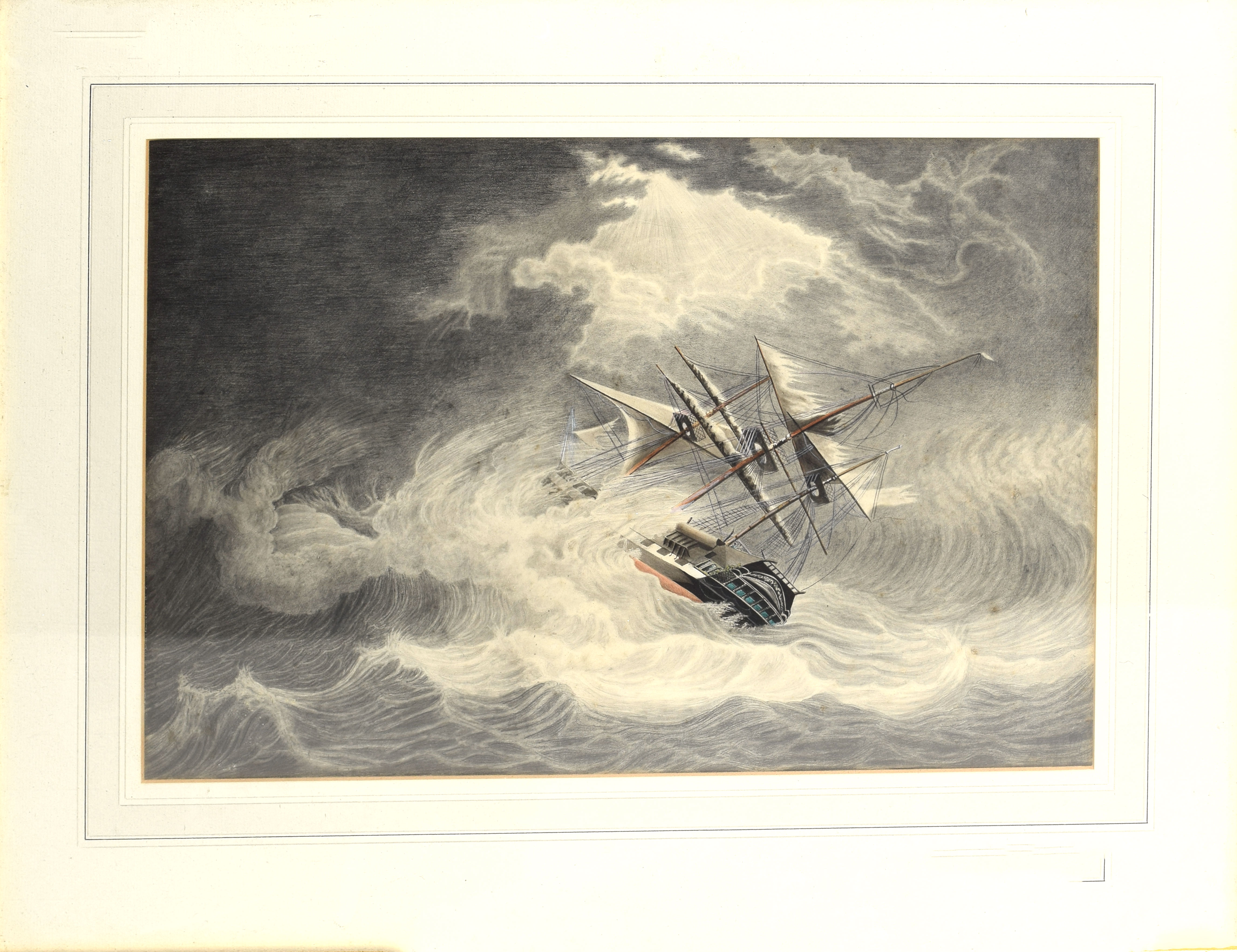 Attributed to William John Huggins, "East Indiaman in a storm", watercolour, 30 x 44cm