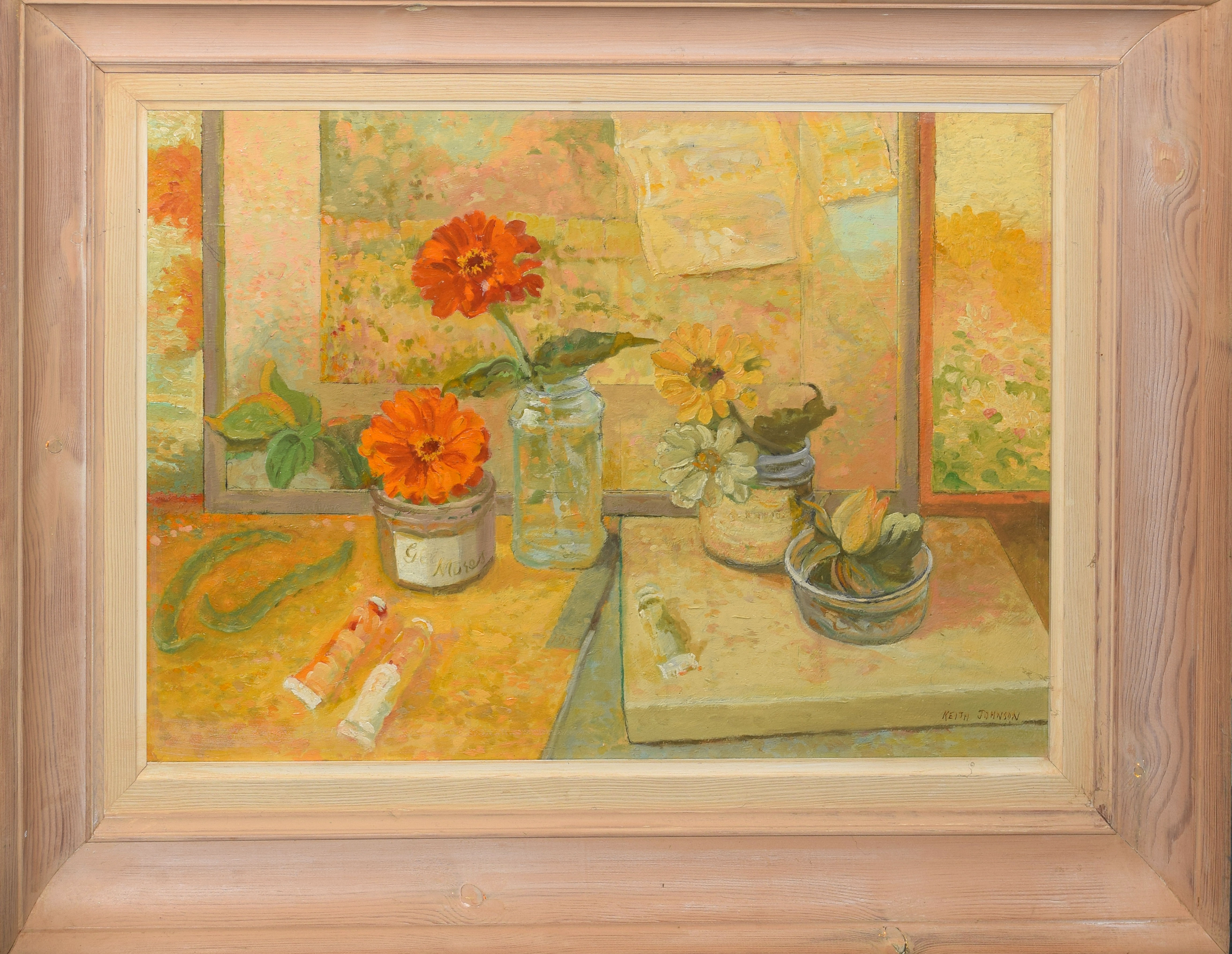 Keith Johnson, "Yellow Zinnias", oil on board, signed lower right, 35 x 50cm