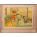 Keith Johnson, "Yellow Zinnias", oil on board, signed lower right, 35 x 50cm