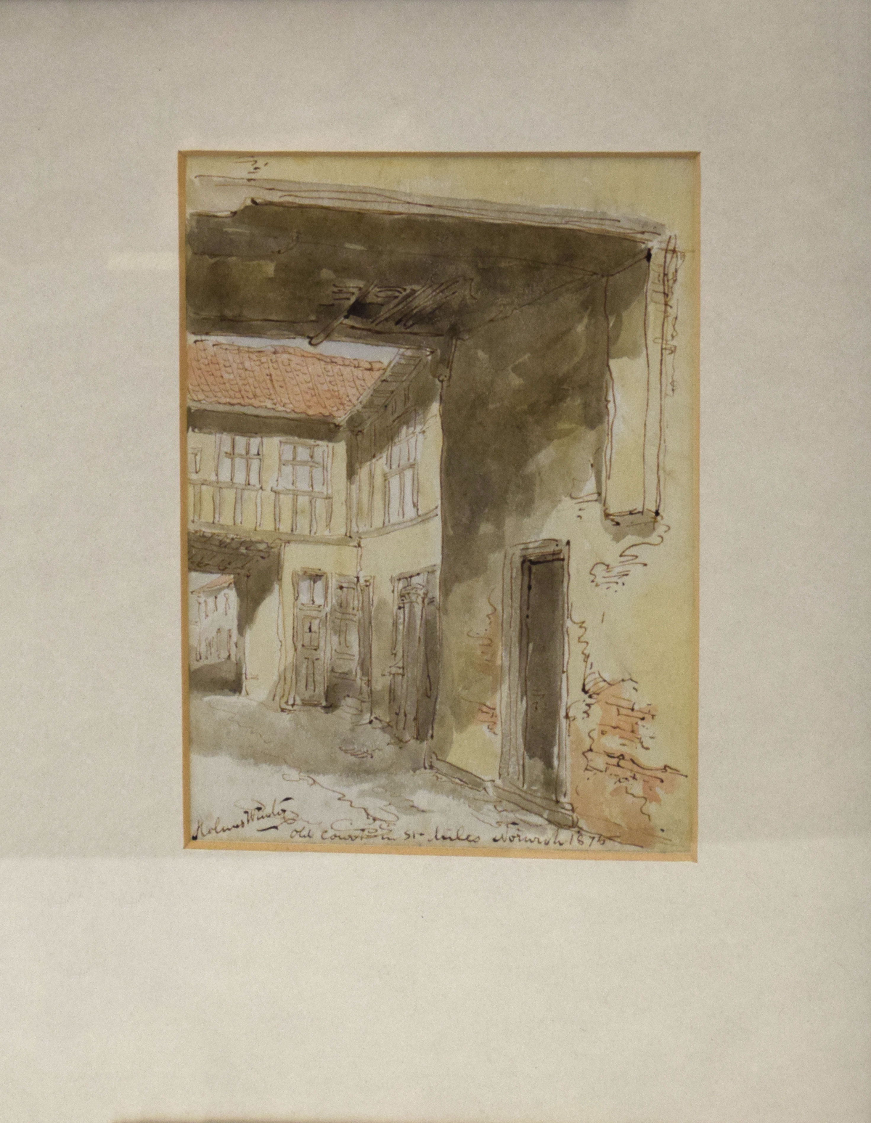 Holmes Winter, "Old Court in St Lukes, Norwich, 1875", pen, ink and watercolour, signed and