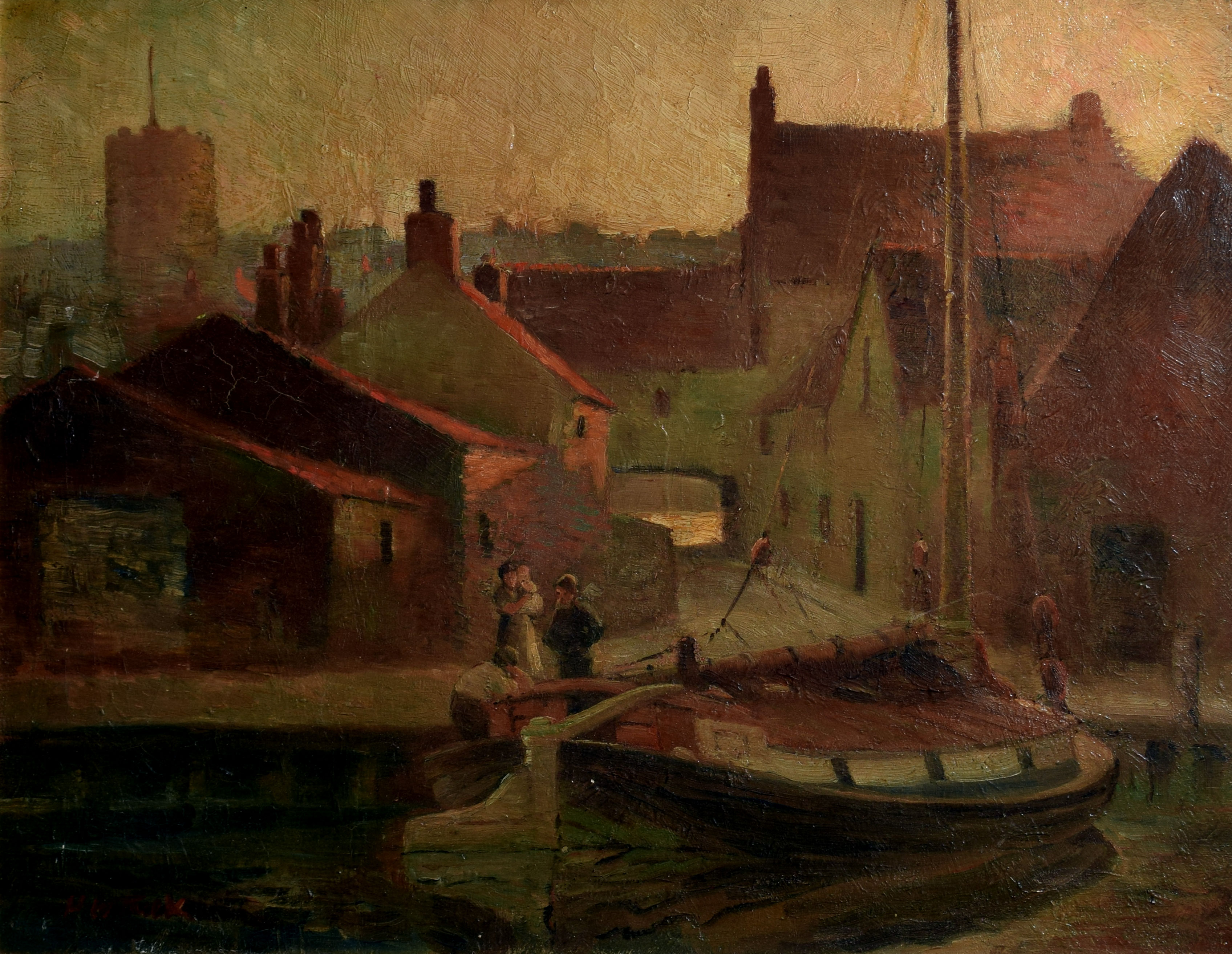 Horace Walter Tuck, Norwich view and Harbour scene, two oils on canvas, both signed, 34 x 45cm and