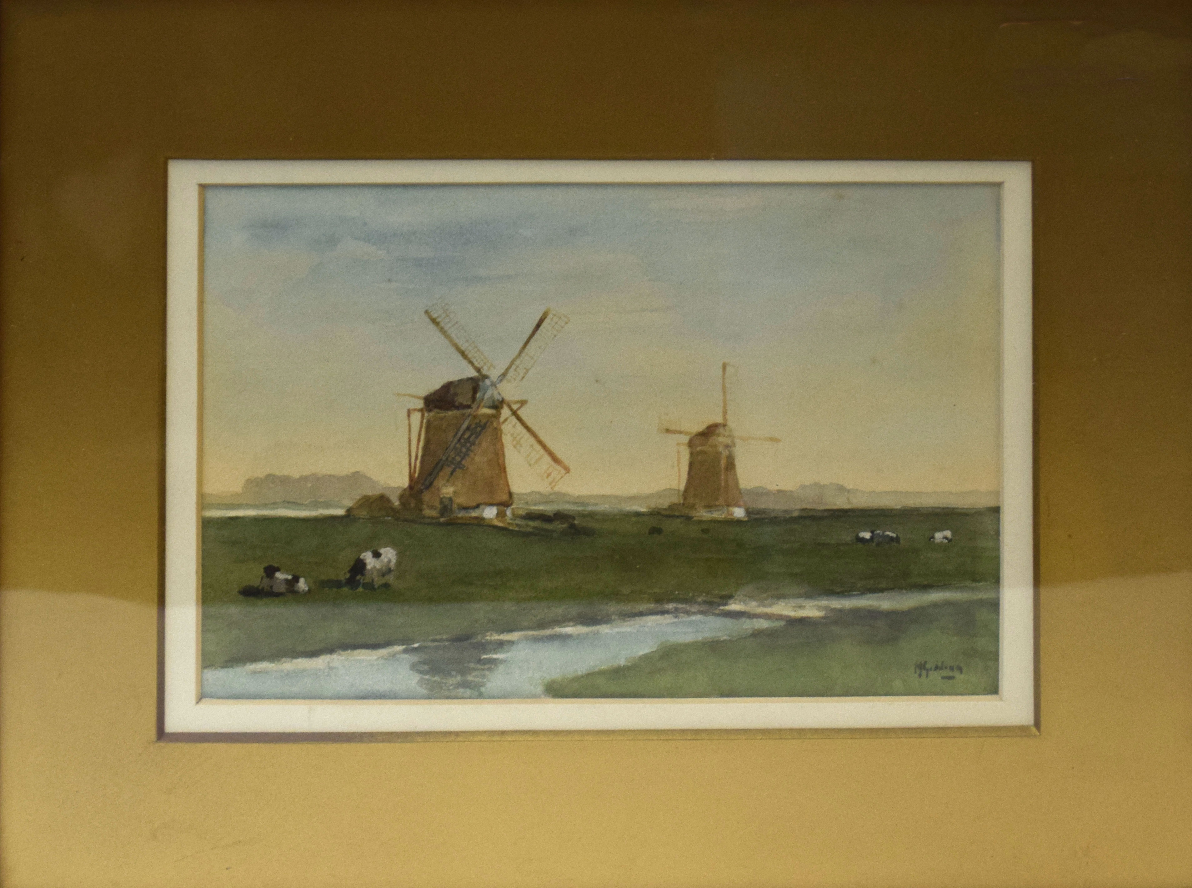 M Gidding, River landscapes with windmill, pair of watercolours, both signed, 15 x 23cm