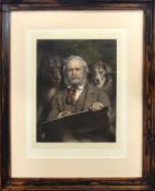 Sir Edwin Landseer, "The Connoisseurs (self-portrait)", hand coloured engraving, proof before