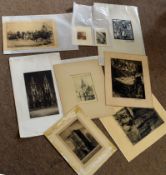 Packet of nine assorted etchings etc to include Albany E Howarth, all unframed