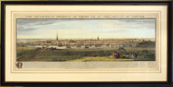 After S & N Buck, "The south west prospect of Yarmouth, in the county of Norfolk", hand coloured
