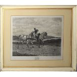 After Meissonier, engraved by A Mongiy, Figure with two horses, black and white etching, published