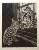 Richard Bawden (born 1936), "Bird watcher I", black and white etching, signed, numbered 46/75 and