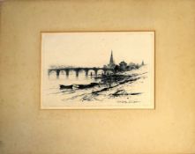 After David Young Cameron, (1865-1945), "Perth Bridge", black and white etching, 17 x 26cm,