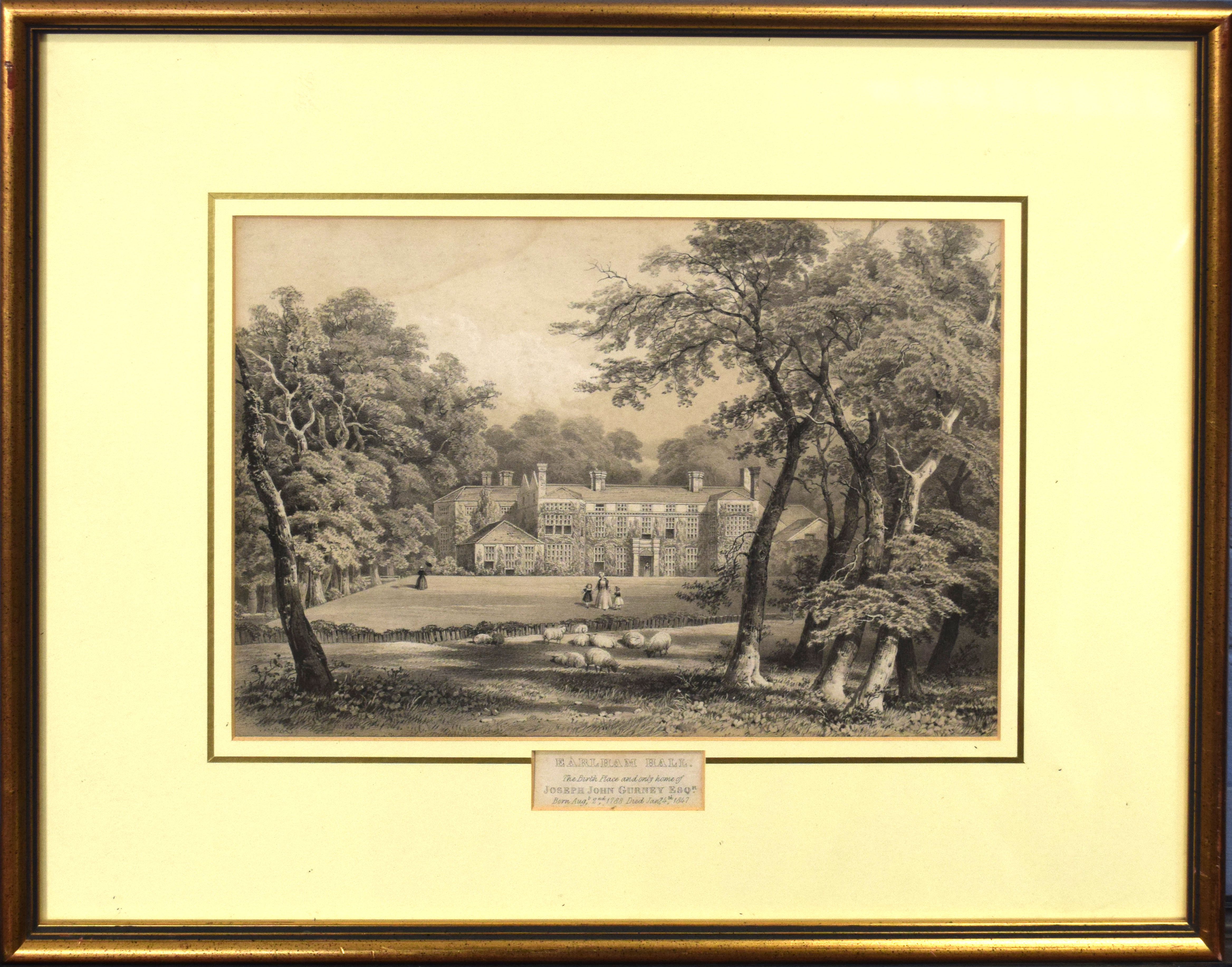 19th century black and white lithograph, "Earlham Hall - the birthplace and only home of Joseph John
