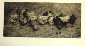 Horace Mann Livens (1862-1936), Chickens, black and white etching, initialled in pencil to lower