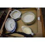 BOX CONTAINING VARIOUS POTTERY ITEMS INCLUDING BOWL WITH PLATED RIM