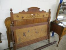 PINE FLORAL INLAID THREE QUARTER BEDSTEAD AND FURTHER DOUBLE HEADBOARD