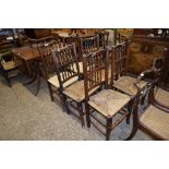 SET OF SIX LANCASHIRE SPINDLE BACK RUSH SEATED DINING CHAIRS