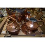 BOX CONTAINING COPPER WARES INCLUDING A COAL SCUTTLE WITH METAL HANDLE, COPPER KETTLE AND JUGS