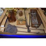 BOX OF COPPER AND BRASS WARES INCLUDING A COPPER PLANTER, SET OF SMALL BRASS SCALES AND WEIGHTS