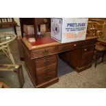 OAK TWIN PEDESTAL DESK WITH RED REXINE INSET, 136CM WIDE