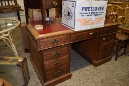 OAK TWIN PEDESTAL DESK WITH RED REXINE INSET, 136CM WIDE