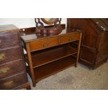 MAHOGANY BUFFET WITH TWO DRAWERS OVER TWO OPEN SHELVES, 108CM WIDE