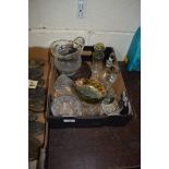 BOX CONTAINING CUT GLASS WARES INCLUDING WATER JUG, SMALL CARNIVAL GLASS DISH