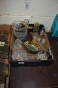 BOX CONTAINING CUT GLASS WARES INCLUDING WATER JUG, SMALL CARNIVAL GLASS DISH