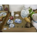 TRAY CONTAINING CERAMIC ITEMS INCLUDING A ROYAL COPENHAGEN FLORAL DESIGN CUP AND SAUCER ETC