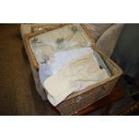 LINEN BOX CONTAINING VARIOUS DOLLS CLOTHING, TWO VINTAGE DOLLS (A/F) ETC