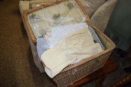 LINEN BOX CONTAINING VARIOUS DOLLS CLOTHING, TWO VINTAGE DOLLS (A/F) ETC