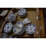 BLUE AND WHITE DINNER WARES BY JOHNSON BROS IN THE INDIES PATTERN COMPRISING BOWLS, SIDE PLATES, TEA