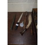 SELECTION OF KNIVES INCLUDING A KUKRI WITH WOODEN HANDLE AND A MILITARY TYPE KNIFE IN GREEN SHEATH