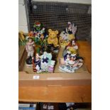 BOX OF REPRODUCTION STAFFORDSHIRE WARES INCLUDING TEDDY BEAR AND HIGHLANDER GROUP