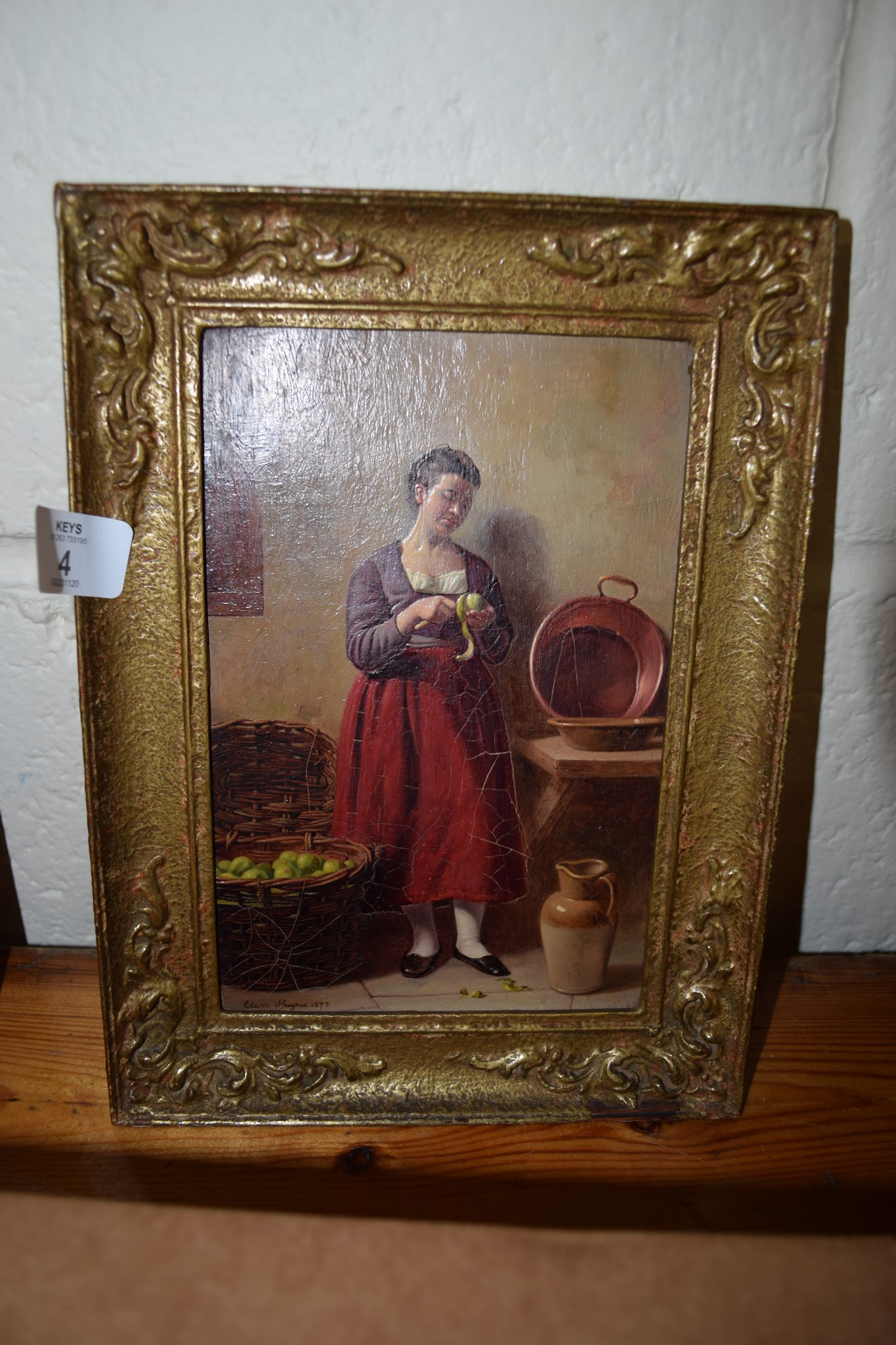 OIL ON BOARD PICTURE OF A LADY PEELING AN APPLE