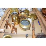 BOX CONTAINING BRASS AND COPPER WARES, JUGS AND WARMING PAN ETC