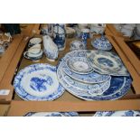 BLUE AND WHITE CERAMIC WARES INCLUDING DUTCH DELFT STYLE FLASK, SERVING DISHES AND DINNER WARES
