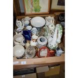 BOX CONTAINING VARIOUS CERAMIC ITEMS INCLUDING POTTERY MODEL OF A SWAN, LARGE POTTERY WASTE BOWL