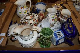 BOX CONTAINING CERAMIC JUGS AND IMARI STYLE TEA POT