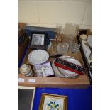 BOX CONTAINING CERAMIC ITEMS INCLUDING A JAR AND COVER AND SOME GLASS WARE