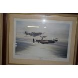 PRINT OF THE MEMORIAL FLIGHT FEATURING A LANCASTER, HURRICANE AND SPITFIRE WITH SIGNATURES TO MOUNT