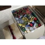 BOX OF CHRISTMAS DECORATIONS, TINSEL ETC