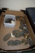 BOX OF BRASS FITTINGS FOR FURNITURE, DRAWERS ETC