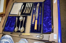 BOX OF SILVER PLATED WARES INCLUDING BOXED CARVING SET AND DESSERT SPOONS