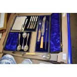 BOX OF SILVER PLATED WARES INCLUDING BOXED CARVING SET AND DESSERT SPOONS