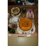QUANTITY OF POTTERY ITEMS AND SOME GLASS WARES INCLUDING A CAKE STAND WITH PLATED MOUNT