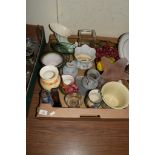 BOX CONTAINING CERAMIC ITEMS, VASES AND JUGS ETC