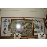 EMBROIDERED PICTURE OF A RURAL SCENE IN GILT FRAME