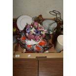 TRAY CONTAINING MAINLY CHINA ITEMS AND A GLASS JUG