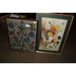 FRAMED PIECE OF EMBROIDERY OF A FLORAL DISPLAY AND FURTHER PICTURE OF FLOWERS IN LIGHT OAK FRAME