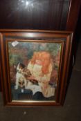 PRINT OF A YOUNG GIRL AND DOG IN WOODEN FRAME