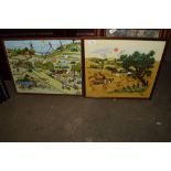 TWO EMBROIDERED RURAL SCENES IN WOODEN FRAMES