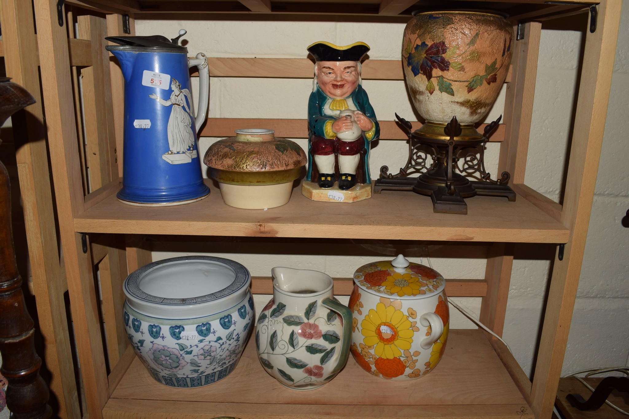 FURNIVALS CERAMIC OIL LAMP WITH METAL MOUNTS, A TOBY JUG AND A 19TH CENTURY JUG WITH CLASSICAL